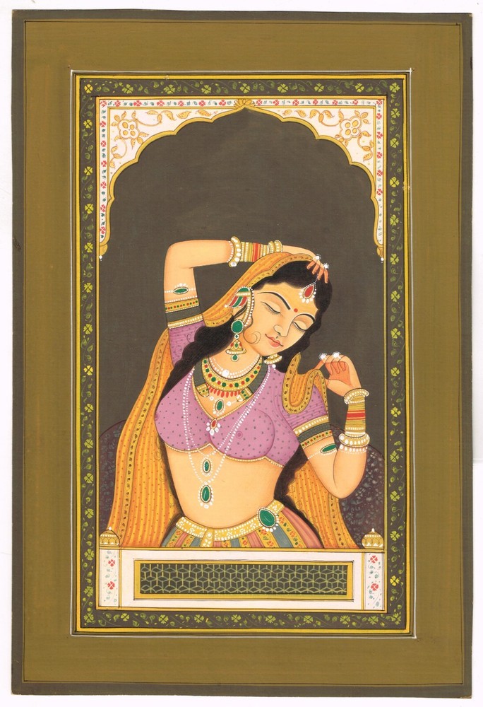 Hand Painted Indian Bani Thani Portrait Maharani Intricate Art 7.75×11.5 Inches