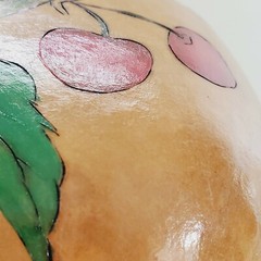 Vintage Signed Hand Engraved Painted Apple Shaped Gourd Stem Bird Cherry Tree