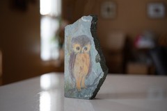 Vintage Owl Painting on Slab of Slate Rock, Signed by IG, 5.5″ x 3″