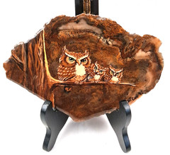 VTG Hand Painted Sweet Owl Family On Stone Agate Epoxy Slab Signed L.W. Cox 6″