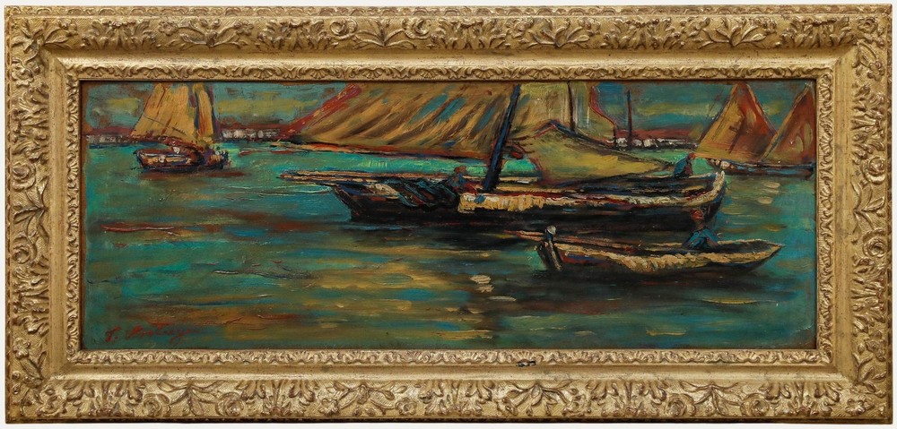 Framed 20th Century Oil – Boats at Sunset