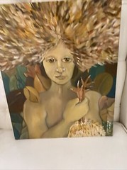 Vntg Folk Art Portrait Woman Holding Chicken Legs 23” X 18” Acrylic On Wood