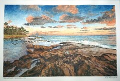 Hawaii Watercolor Painting „Waianae Shoreline, West Oahu“ by L. Segedin #157