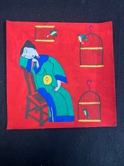 ASIAN WOMAN IN CHAIR W BIRDS ORIGINAL WATERCOLOR PAINTING, 8.75″X 8.75″,UNSIGNED