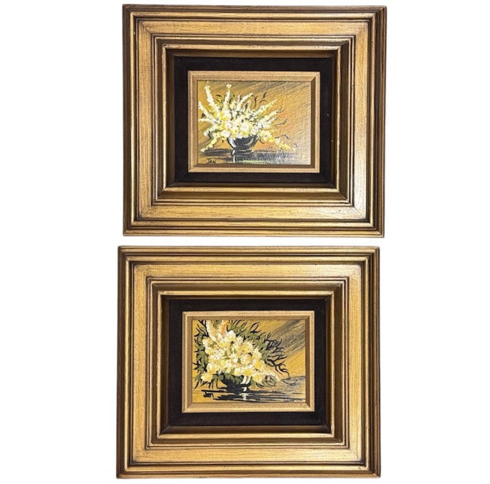 Vtg Framed Floral Paintings Set of 2 Signed “Jan” Gold Frames Velvet Insets MCM