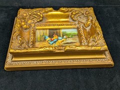 VTG Baroque Ornate Miniature Hand Painted Oil Painting Framed Chickens 7x6x1 3/8