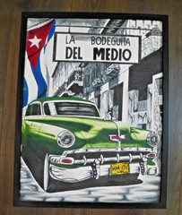Vintage Original Acrylic Cuban Painting La Bodeguita Classic Car Framed