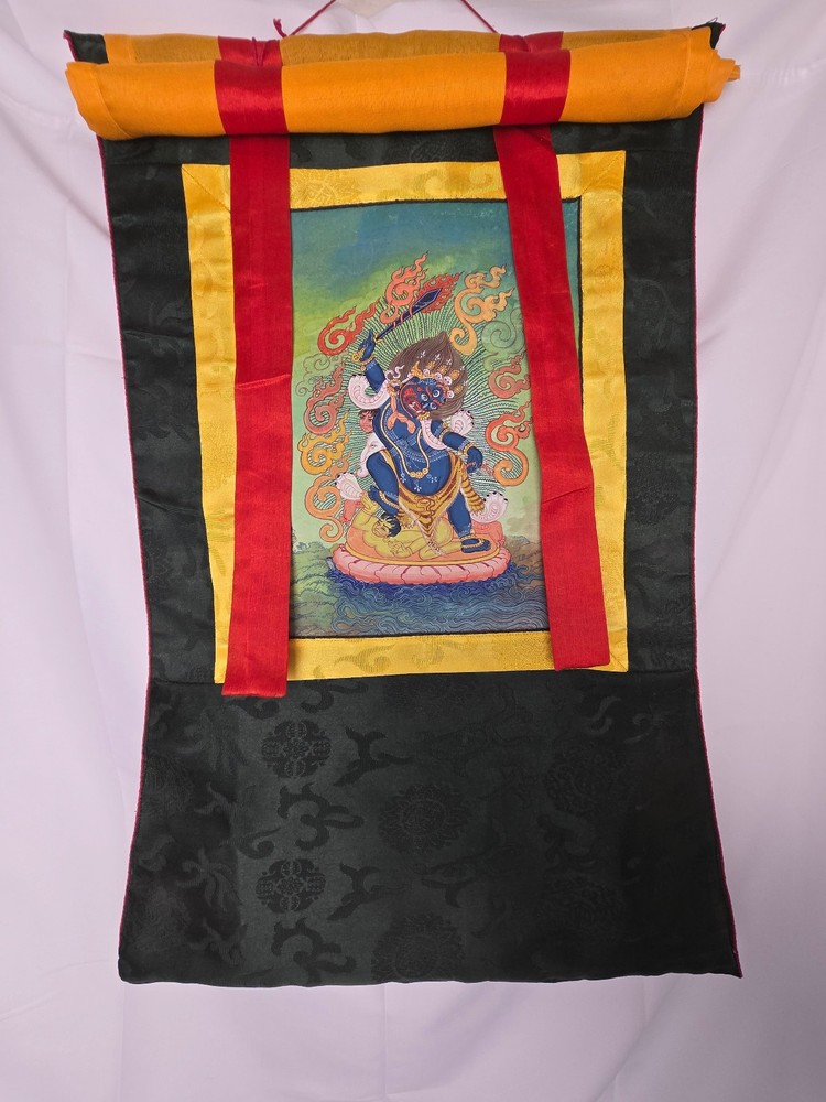 Tibetan Buddhist Hand-painted Thangka painting w/silk brocade -Mahākāla 24″x17″