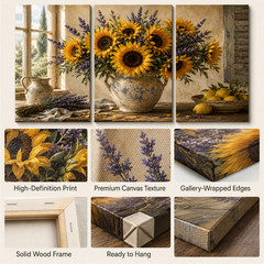 Sunflower Lavender Triptych Canvas Wall Art 3 Panel Farmhouse Floral Kitchen Dec