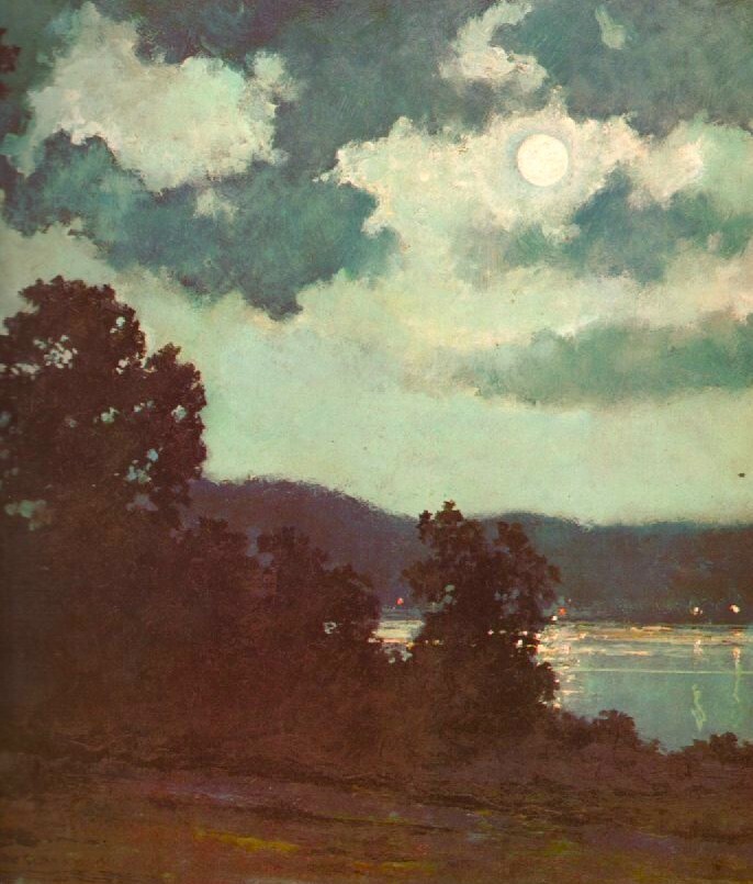ACEO art card View from the porch New Moon Over the Lake. Painted by Eric Sloane