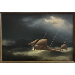 Antique 19th C. English Nocturne Stormy Seascape with Boat, Framed/Nautical