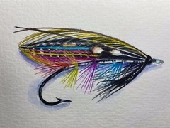 Watercolor Painting Fly Fishing Lure Bait Fish Hook Colored Feathers ACEO Art ]