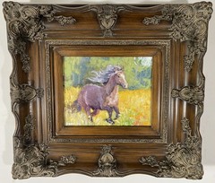 Original Oil Painting – Horse Galloping in a Meadow – Massive Ornate Frame