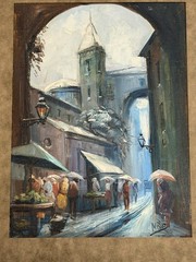 Manuel Ruiz Signed Impressionist City Market Scene Oil on Canvas Painting