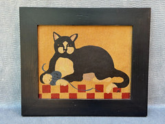 Judy Rogers J.R. Signed Naive Americana Cat & Yarn Ball Original Folk Art Pets
