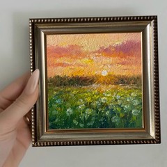 Warm Sunset Original Oil Painting Nature Meadow Landscape 4x4inches OS