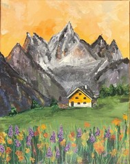 Mountain Cottage Landscape Painting, Wildflower Field & Mountains, Alpine Field
