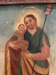 19th Century Retablo Religious Art Mexican Oil on Tin Painting Holy Family