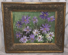 Vintage Impressionist Purple Daisies OOC Oil Flowers Framed Signed 19 1/8×16 1/8