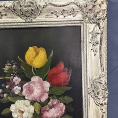 Vintage R. Rosini Oil Painting Floral 11”x16” with carved wooden frame 21.5”x18”