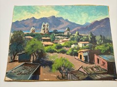 HISTORIC REGIONALISM PAINTING MEXICO VILLAGE DARWIN DUNCAN LISTED CALIFORNIA OIL