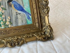 Framed Art, Hand Painted, Bird With Tree Nest, Flowers, Leaves, Gold Tone Frame
