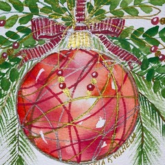 Pamela Wilhelm original Watercolor & Ink 7.75”x5.75” Christmas Bow Watercolor