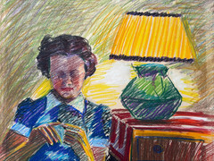 Girl Crocheting Near Table Lamp 20 x 18 1/2″ Painting Pastel-1937-August Mosca