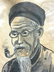 Vintage Vietnamese Tourist Painting Elderly Scholar Smoking Pipe on Fabric 1960
