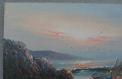 Seascape Shoreline Oil Painting Two Boats on Canvas 24×20 signed by H. Gailey