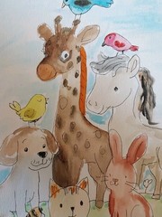 GAT ORIGINAL Painting WATERCOLOR Painting Giraffee Horse Cat Dog Bunny Bird Art