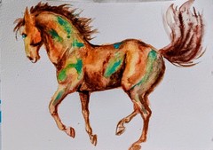 Original watercolor painting,Horse running art burnt orange teal blue 5×7″