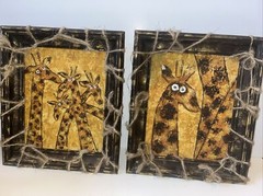 VINTAGE GIRAFFE PAINTINGS PAIR OIL ON BOARD HAND-PAINTED FOLK ART