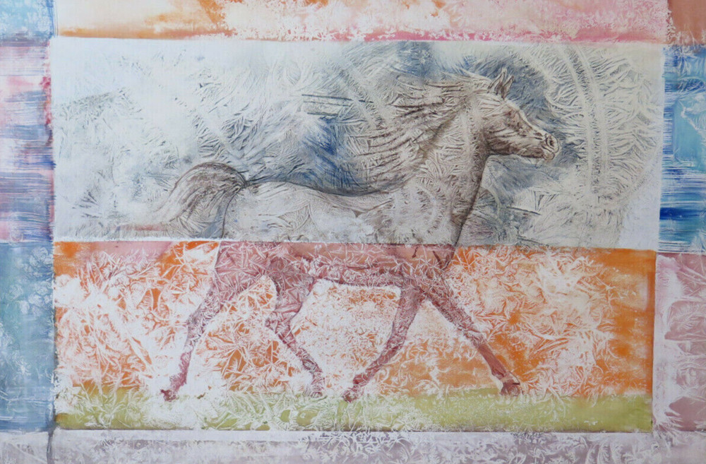 92X61 Cm Painting Watercolor Painting With Mixed Technique Vintage Horse P33.5