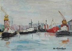 Oil on Board Painting Industrial Boat Harbor Argentina Artist Septimo Ferrabone