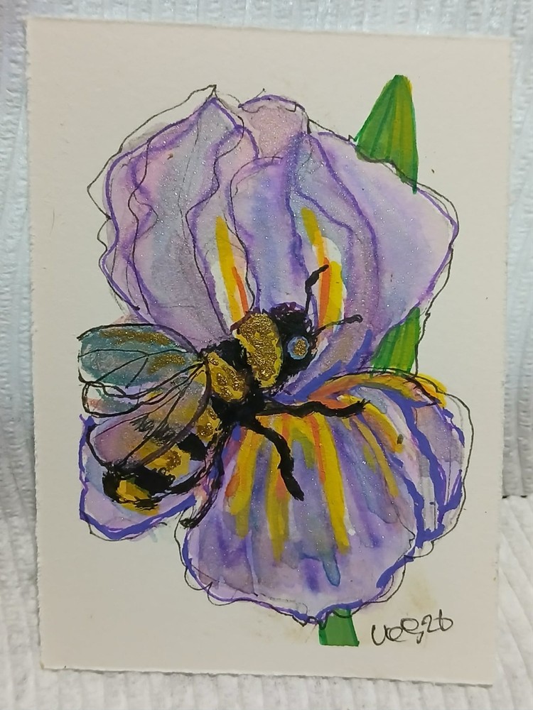 ACEO OOAK Series Bees & Blooms in Watercolor Scribble Outline Style Purple Iris