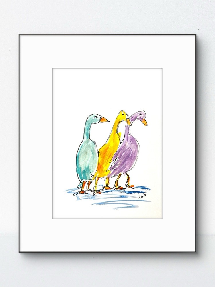 Original Abstract Expressionism 9×12 Ducks Colorful Signed Kids Room Art 22