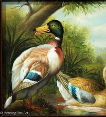 Beautiful Oil Painting of Ducks and Chick in River Landscape, Small & Framed
