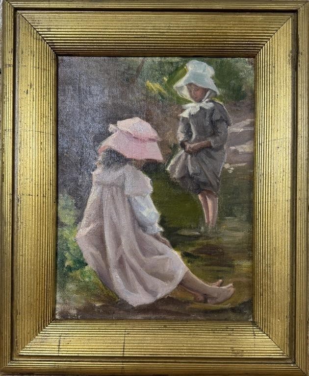 Vintage Oil on Canvas „Two Girls in Bonnets“ Framed Figural Children Painting