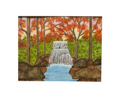 PAINTING WATERCOLOR TREES AUTUMN WATERFALL POND LANDSCAPE 11X14 DOUBLE MAT 16X20