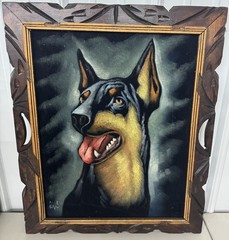 Vintage Doberman Pinscher Velvet Painting 20.5”x24.5” Dog Art