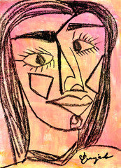 Guajardo Art: Woman Cubism 14X11 Original Paper Signed Wall Decor