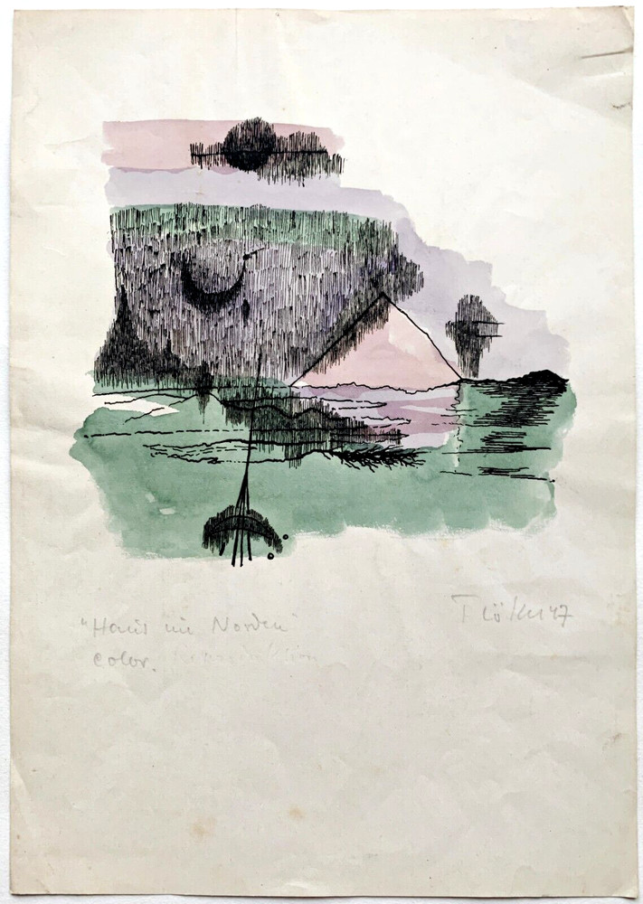 Heinz Tröke’s House in the North 1947 Small Signed Watercolour Over Reproduction