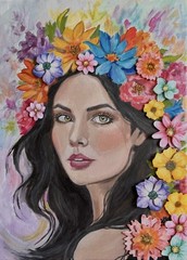 Flower Crown Woman Acrylic Painting Original 3D Floral Art 9 x 12 inches