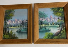 Pair Orig Acrylic Painting Canvas Mountain Lake Trees Artist Signed 8×10 10.5×12