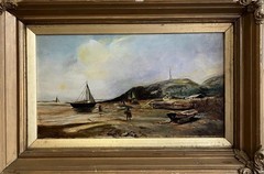 ANTIQUE OIL PAINTING British Primitive Coastal Landscape FISHERFOLK AT DUSK 1880