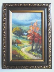 Original Oil Painting in a Frame Autumn Nature Village 6х4 in Miniature
