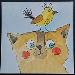 Original Watercolor Miniature Painting 3″ Cat Bird 3 Inch Art