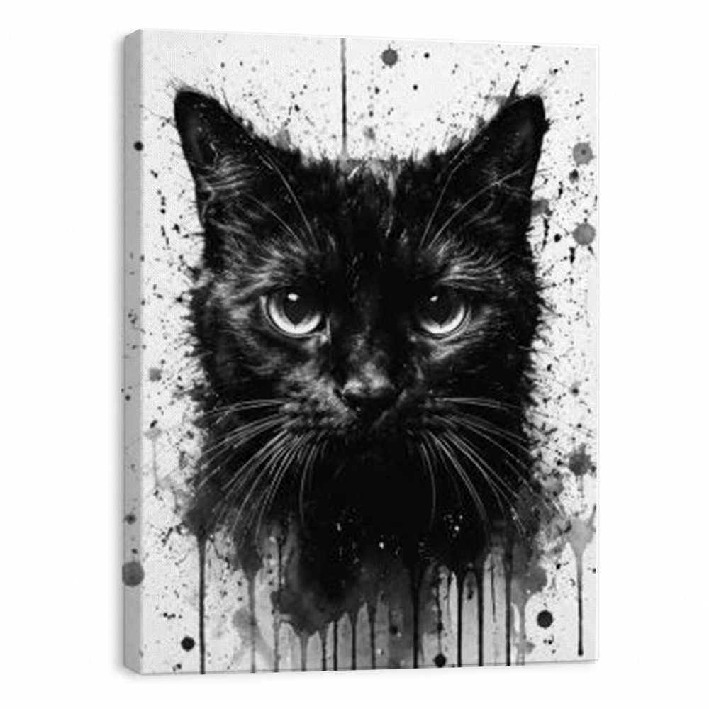 Black Cat Canvas Wall Art Gothic Cat Portrait Print Black and White Animal Wall