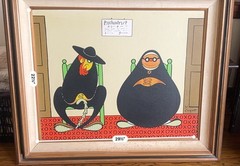 Xavier Cugat original Painting; Rabbi And Nun In Psychiatrists Waiting room